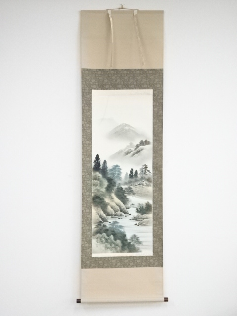 真作】掛軸 福田栄光『彩色山水』絹本 肉筆 共箱付 掛け軸 w06031